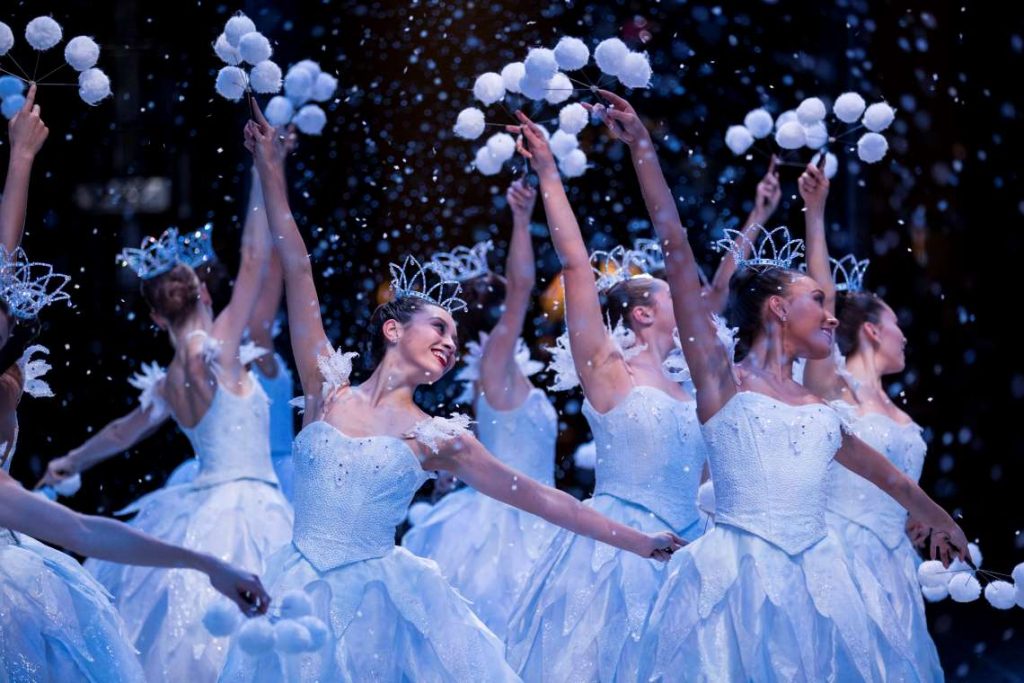 Pacific Northwest Ballet company dancers in the snow scene from George Balanchine’s The Nutcracker in 2018.