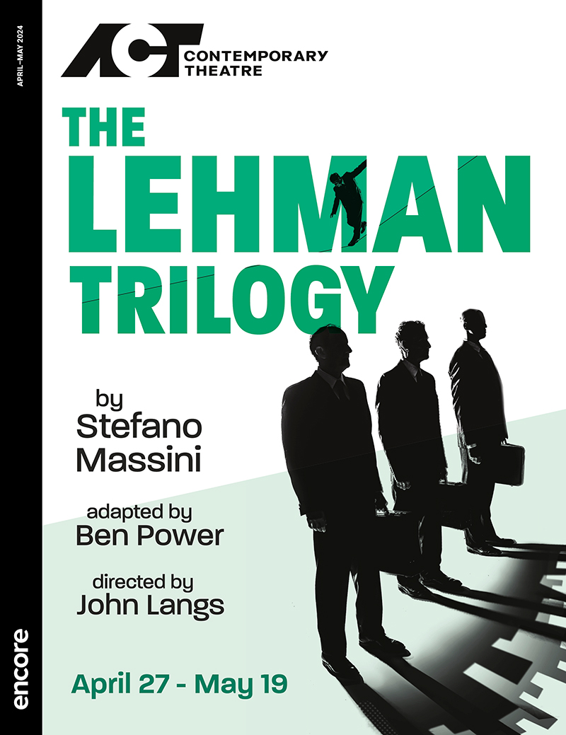 Three business men in silhouette over a minty green and white backdrop. | cover of The Lehman Trilogy at ACT, 2024
