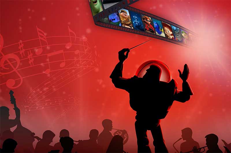 a silhouette of buzz lightyear conducting on a red background
