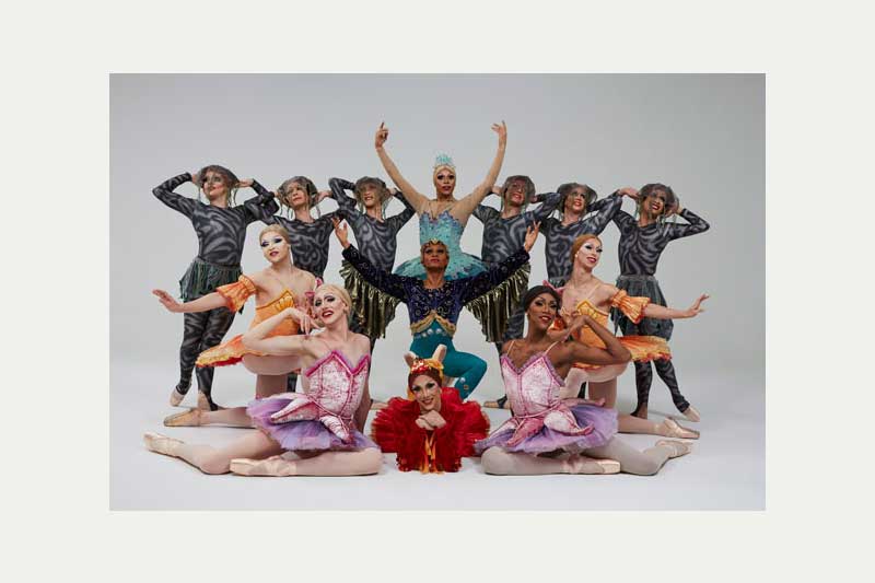 a ballet company poses in colorful costumes