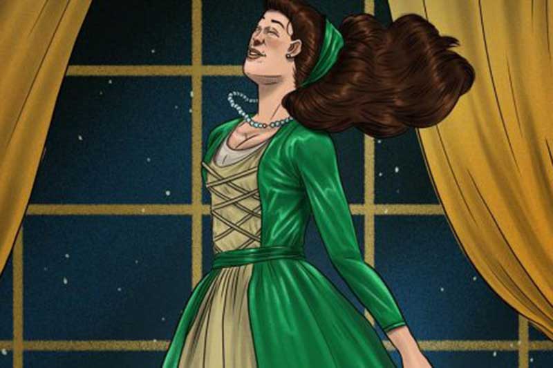 illustration of a young woman in a green regency dress in front of a window with stars outside