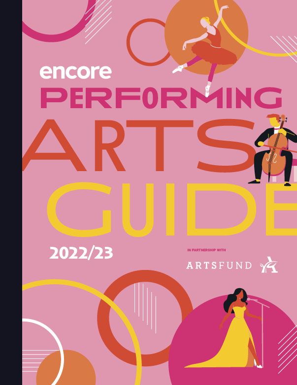 the cover of the performing arts guide which is pink