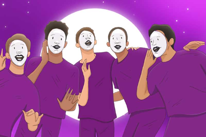 illustration of five black mimes with white masks stand in front of moon