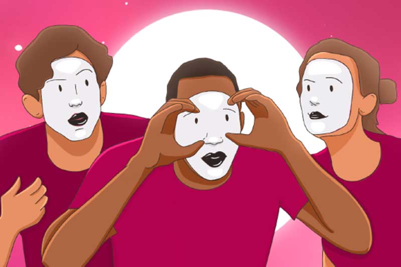 illustration of three black mimes where read and stand in front of the moon
