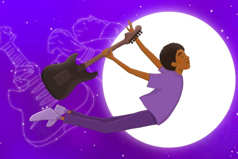 illustration of a boy holding a guitar and flying in front of the moon