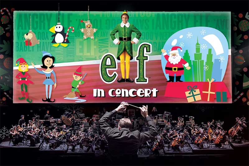 the San Francisco Symphony plays in front of a large screen showing Elf
