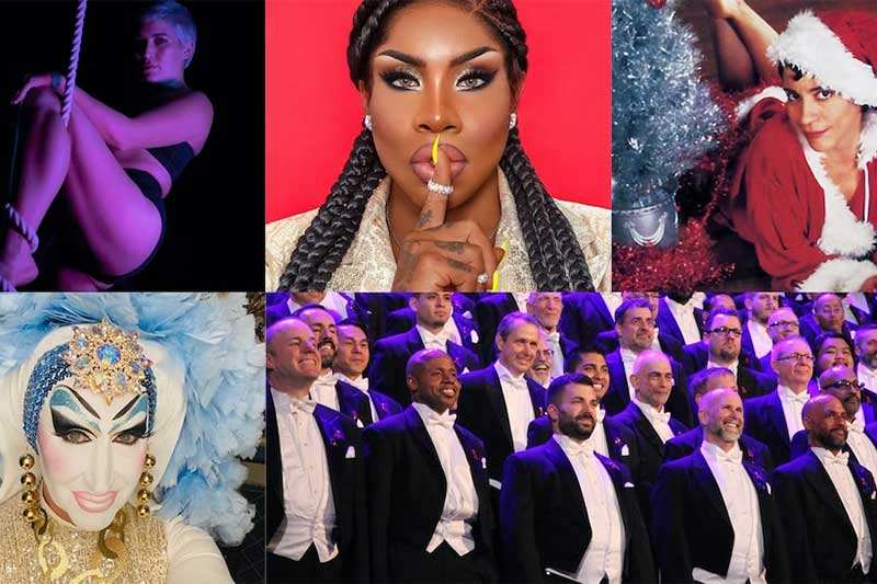 multiple pictures are collaged together including the san francisco gay men's chorus singing in tuxes, a drag queen with a blue headress, and a woman in a santa suit