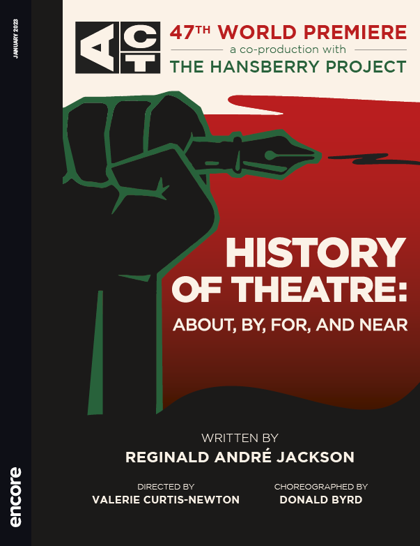 ACT cover for History of Theatre. Black hand holding a black pen on a red background.