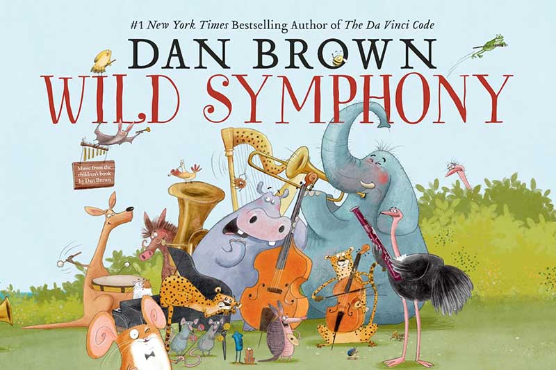 An illustration of a menagerie of wild animals who are playing instruments.