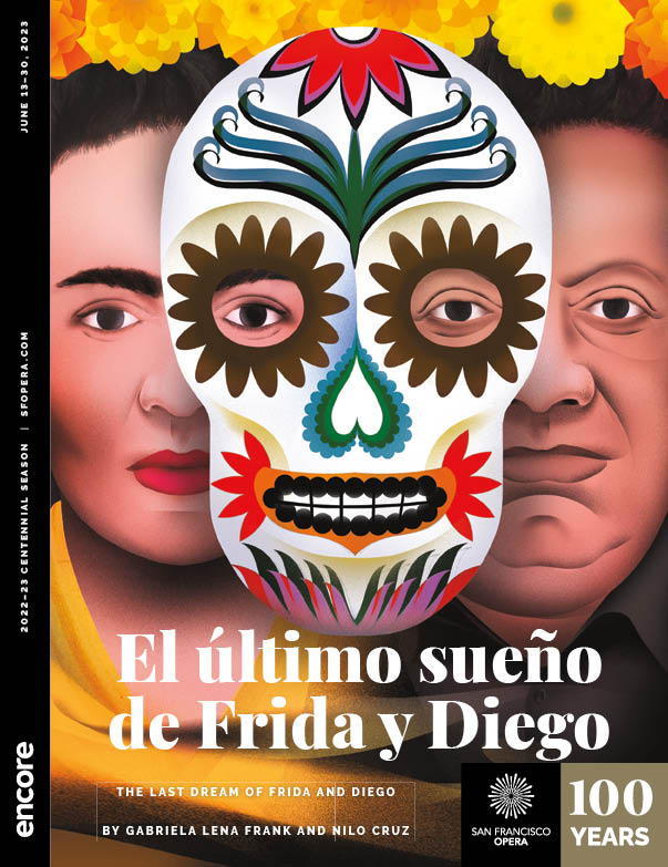 Cover of El último sueño de Frida y Diego for SF Opera. At center, a white & colorful día de los muertos mask obscuring the faces of a woman at left and man at right.