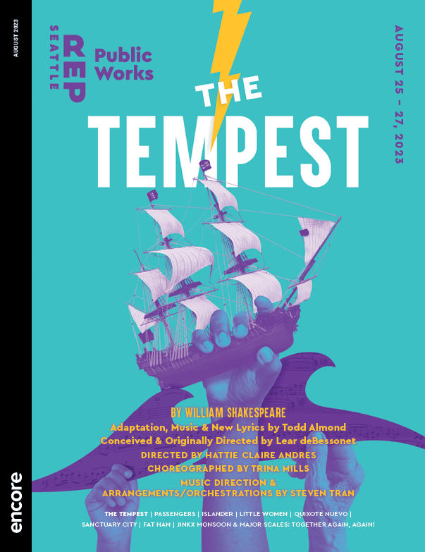Three hands holding up a ship as it's struck by lightning. | The Tempest at Seattle Rep
