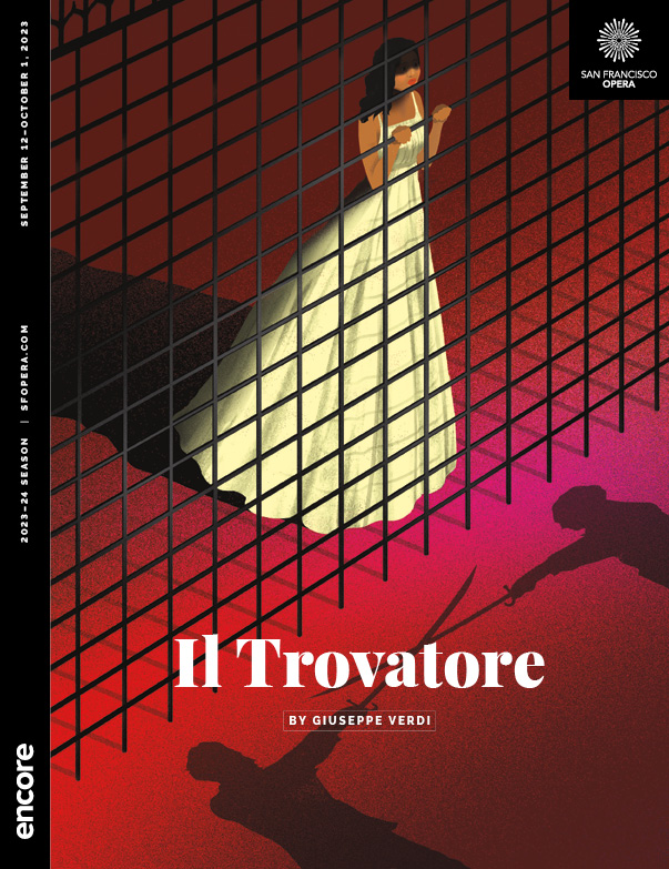 Woman in yellow dress behind fence, with dueling shadows in the foreground on red background. | Cover of Il Trovatore at San Francisco Opera