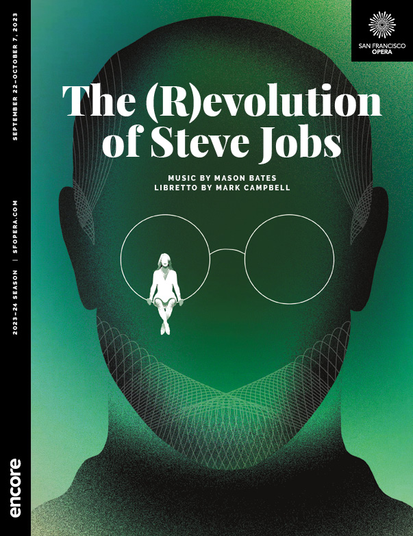 Silhouette of a bespectacled face on green background. | Cover of The (R)evolution of Steve Jobs at San Francisco Opera