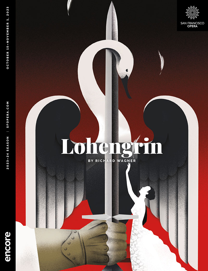 Hand holding a sword in front of a swan with wings outstretched over a red background; a small woman in white looks up at the swan | Cover of Lohengrin at San Francisco Opera