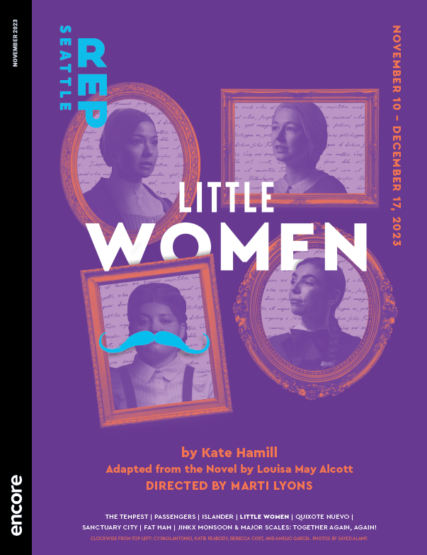 Framed photos of 4 women on a purple background | cover of Little Women at Seattle Rep
