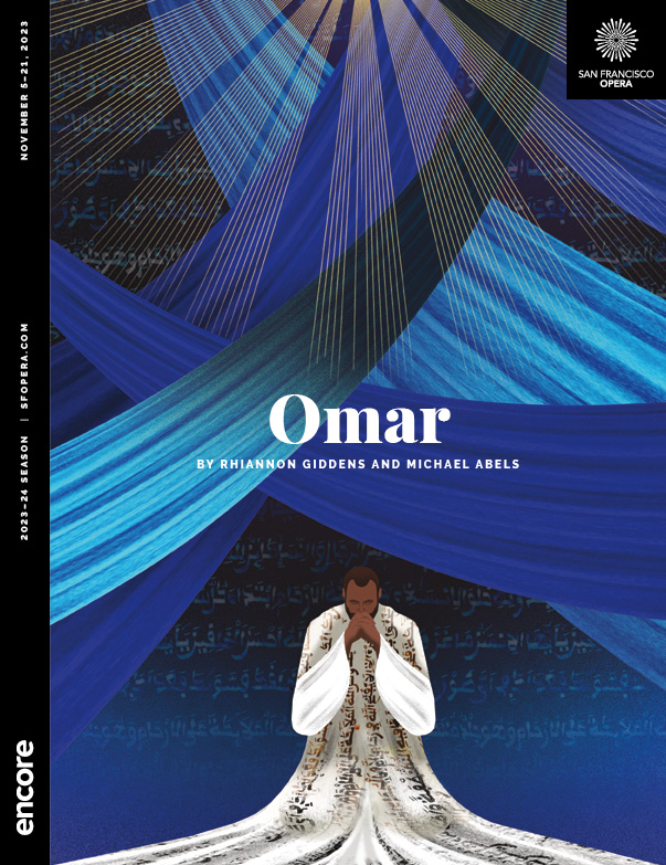Man in white robes praying on blue background | cover of Omar at San Francisco Opera