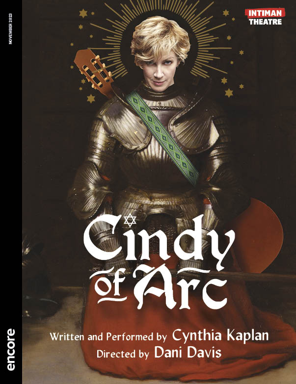 Woman in medieval armor with a guitar on a dark background. | cover of Cindy of Arc at the Intiman Theatre
