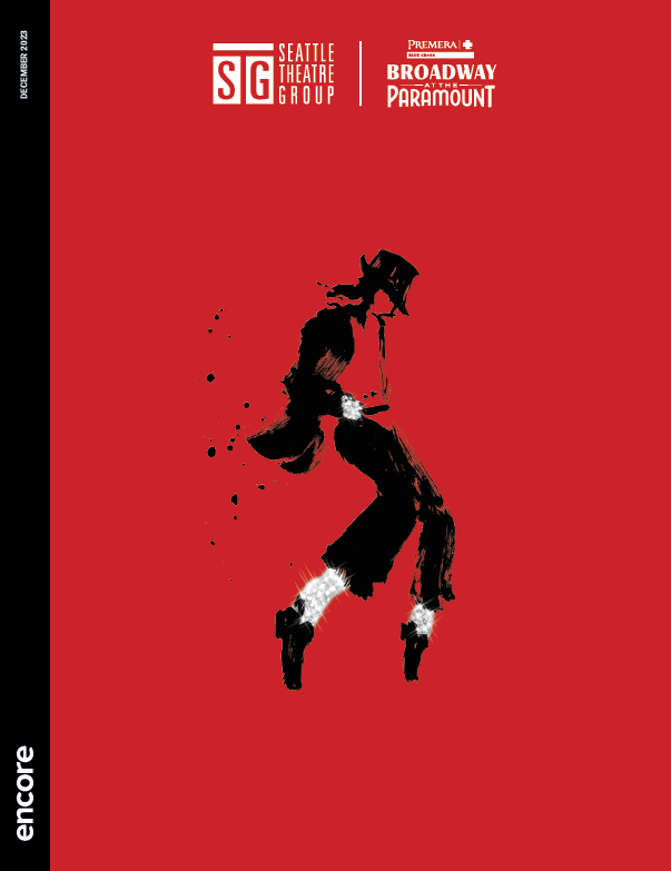 Black and white illustration of a Dangerous-era Michael Jackson on a solid red background | Cover of MJ the Musical for Broadway at The Paramount