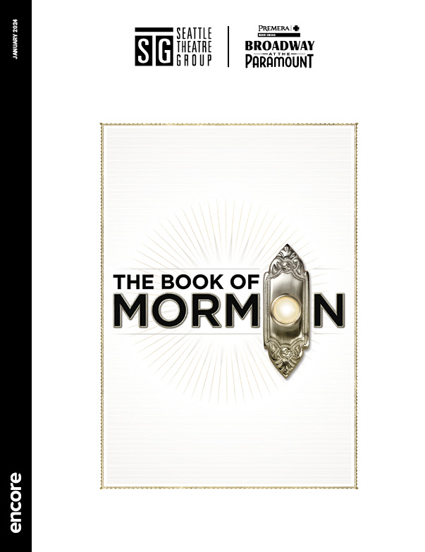 Book of Mormon doorknob logo on a white background. | cover of The Book of Mormon for Broadway at the Paramount, January 2024