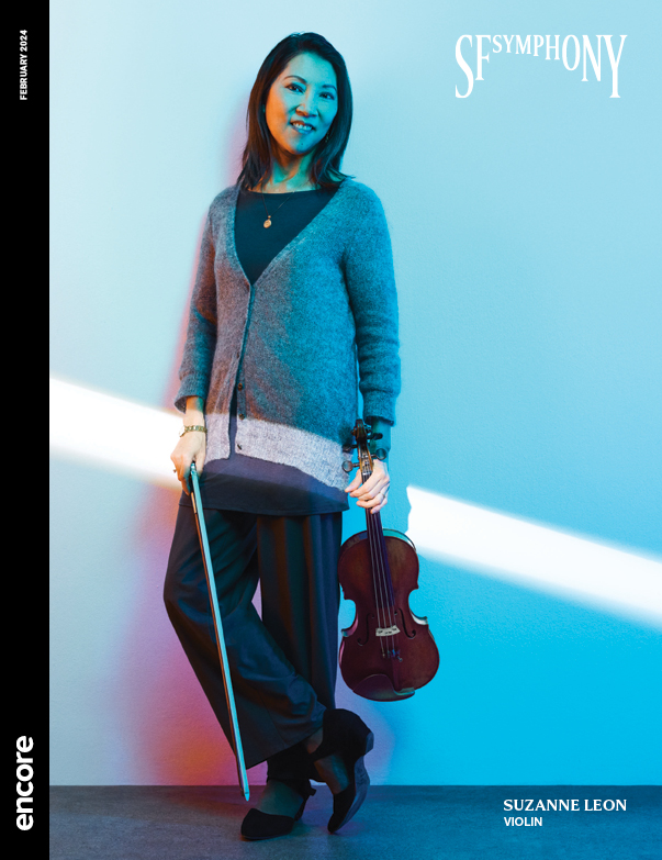 Suzanne Leon, violin on a blue background with a white beam of light crossing through. | Cover of SF Symphony February 2024