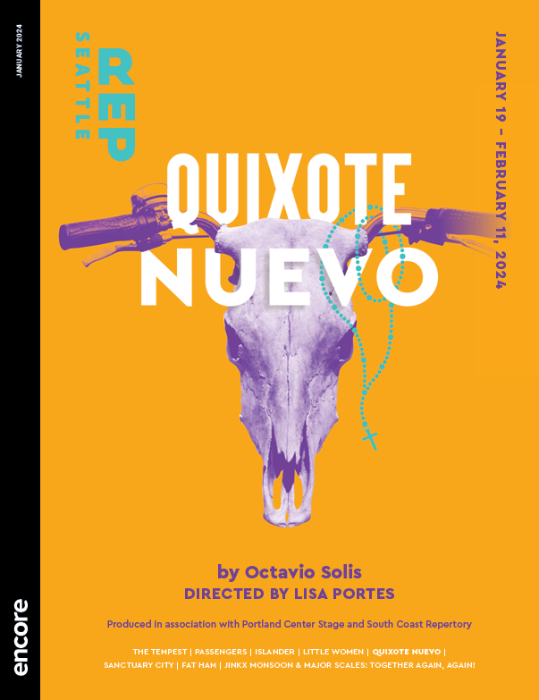 Cow's skull mixed with motorcycle handlebars on a goldenrod background. | Cover of Quixote Nuevo at Seattle Rep, 2024