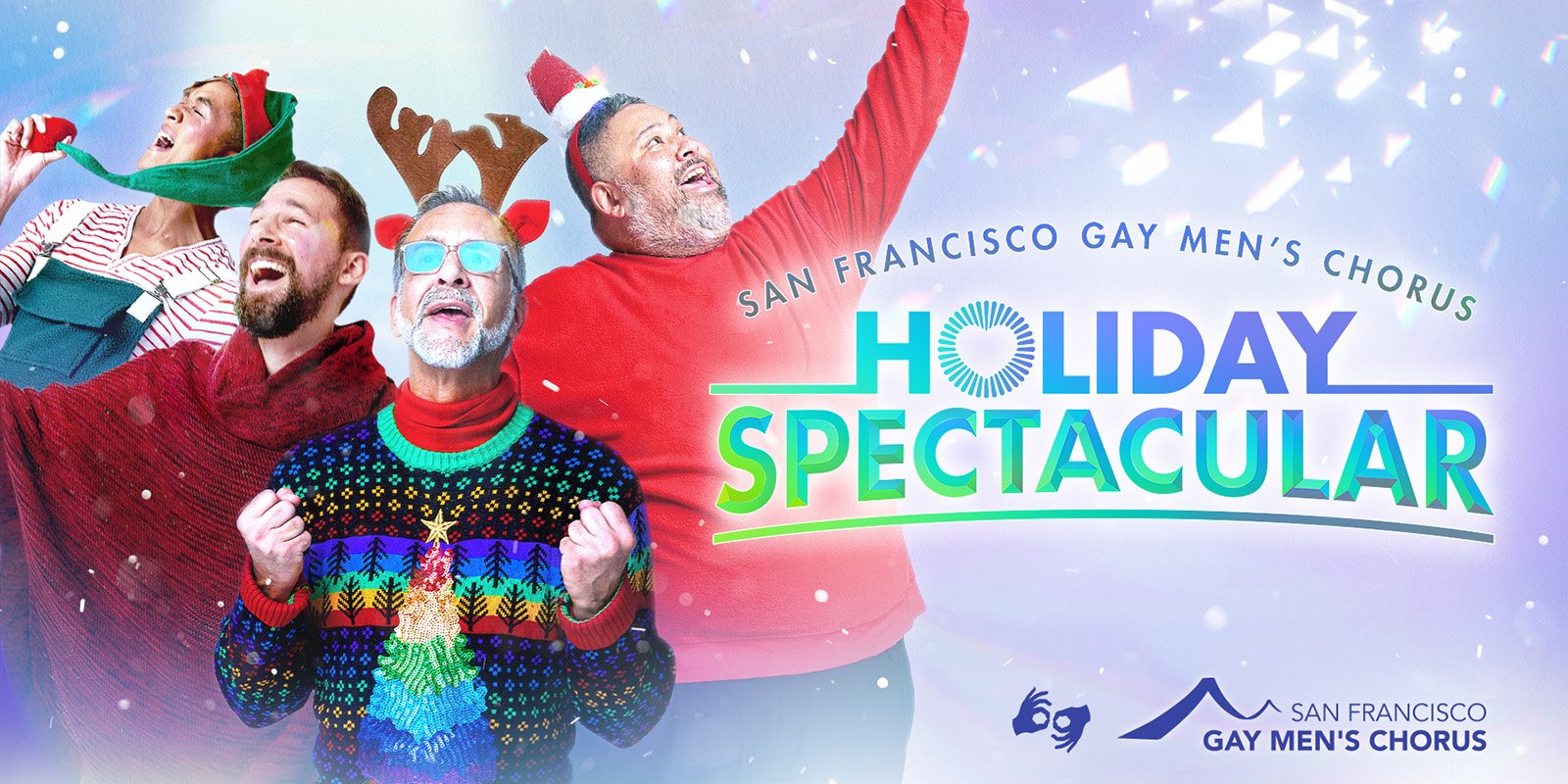 Four singers in holiday garb on a light purple background.