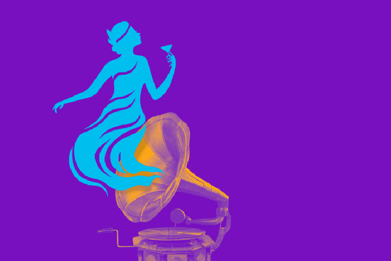 A graphic on purple background of a blue female spirit coming out of a gramophone.