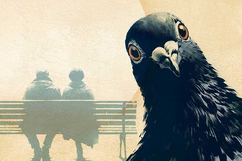 A graphic of a couple sitting on a bench with their backs to us in the distance. Close up is a pigeon looking at us.