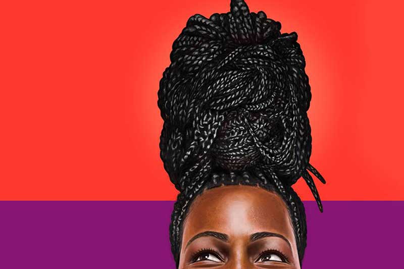 On a background of a reddish orange, with a stripe of purple below, an illustration of a black woman shows just the top of her face, her eyes, and her braided hair in an intricate updo.