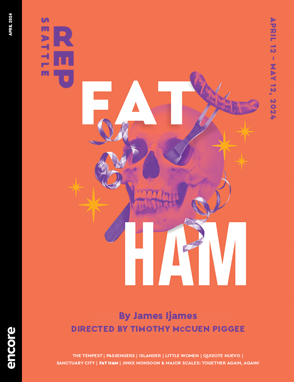Purple skull pierced by a fork holding a bratwurst, on a salmon-colored background. | Cover of Fat Ham at Seattle Rep, 2024