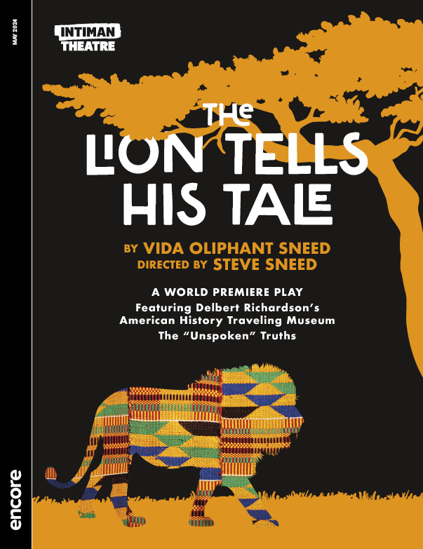 Orange silhouette of a tree on a black background, with a quilted lion silhouette walking below. | Cover of The Lion Tells His Tale at Intiman