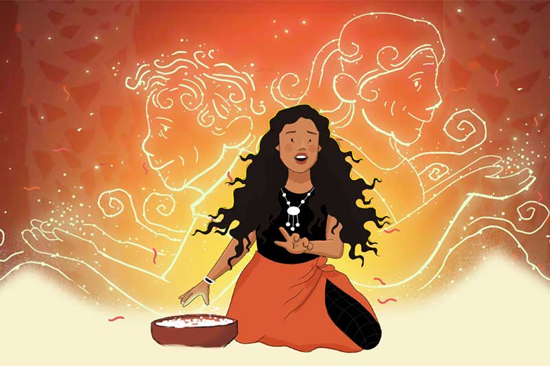illustration of a woman with outlines of two people outlines in sparkles behind her