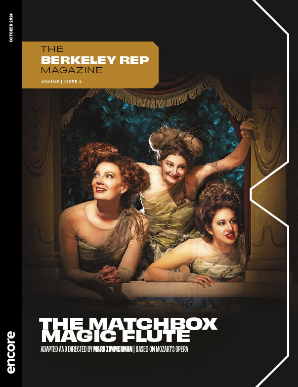 Three women in dresses and elaborate updos peek through an open window. | Cover of Matchbox Magic Flute for Berkeley Rep, 2024