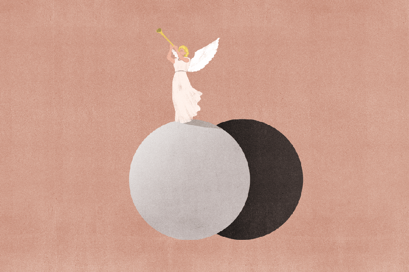 A graphic of an angel blowing a trumpet.