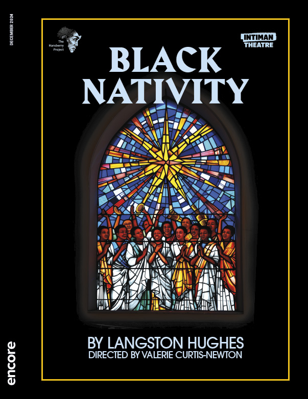 A stained glass window illustration of a chorus under a star, on a black background. | Cover of Black Nativity at Intiman, 2024