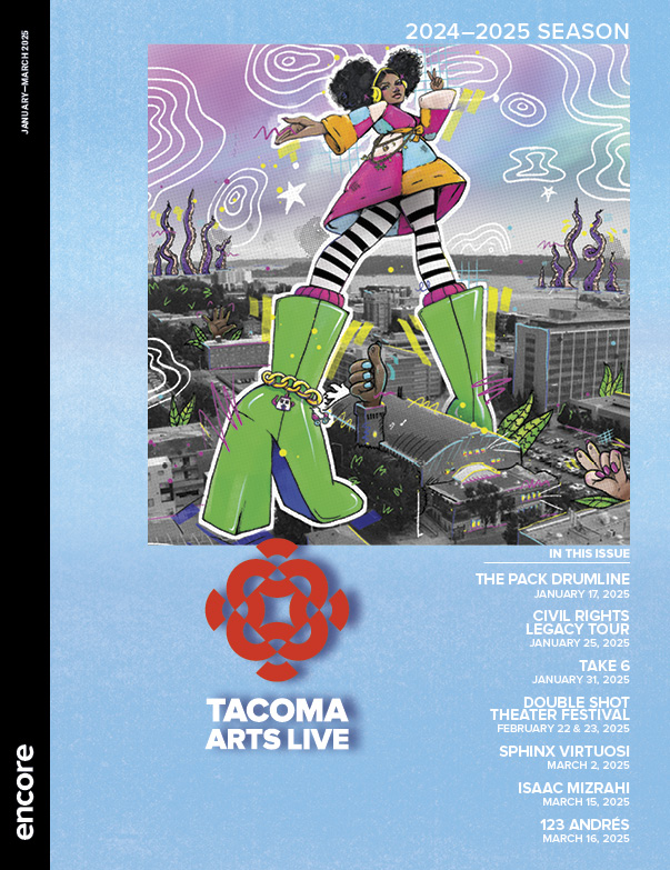 Illustatration of a brightly colored woman in green boots on a blue background. | Cover of Tacoma Arts Live Winter 2025