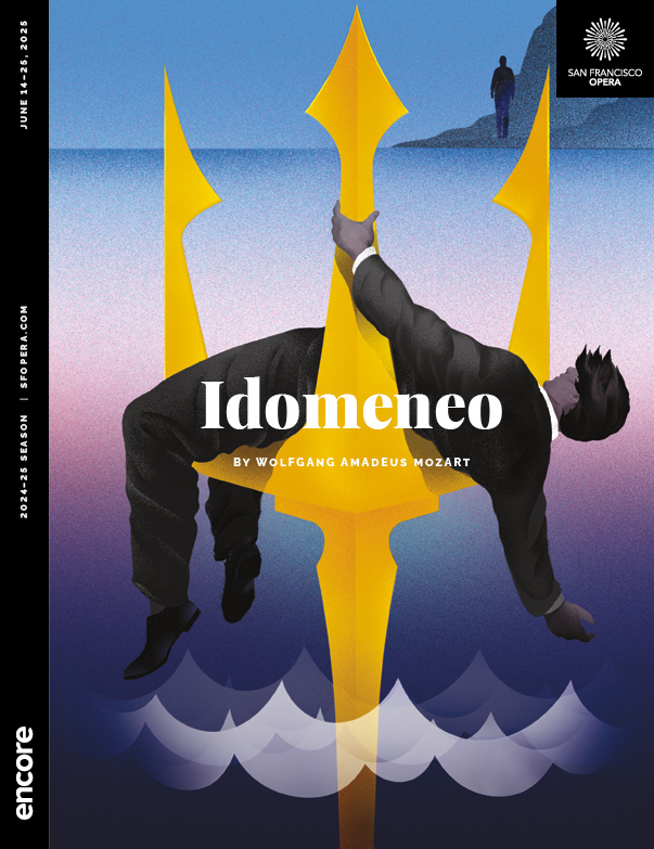 Illustration of a man lifted up by a Triton pitchfork. | Cover of Idomeneo at San Francisco Opera, June 2025