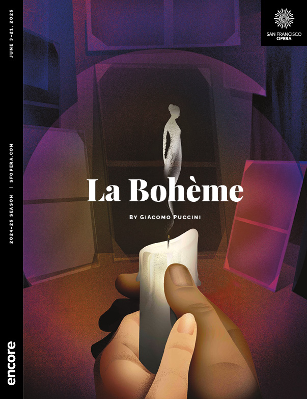Illustration of hands holding a candle in the dark, but the flame is extinguished and the smoke is in the silhouette of a woman. | Cover of La bohème at SF Opera, June 2025