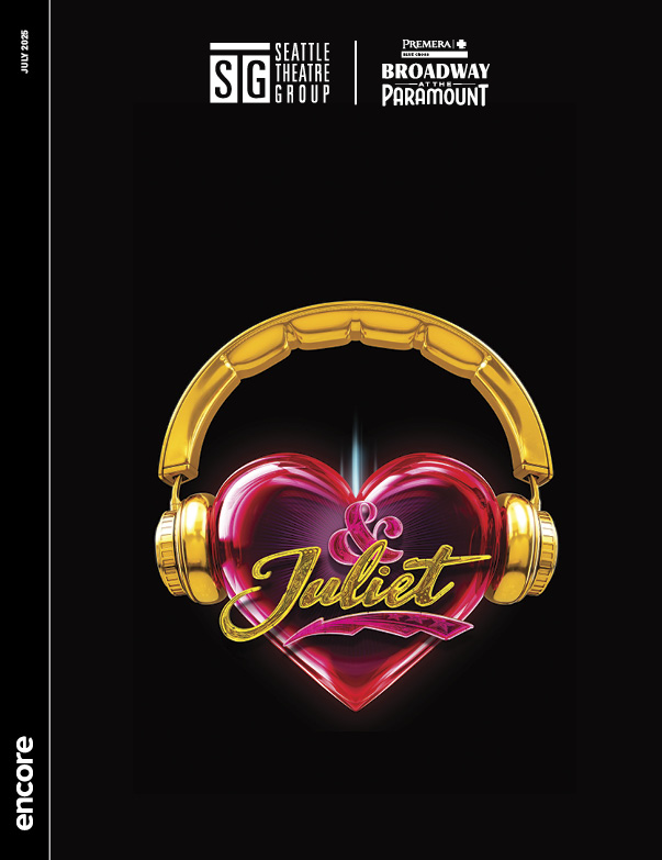 Gold headphones sit atop a pink heart on a black background. The words & Juliet rest on the heart. | Cover of & Juliet, Broadway at the Paramount, July 2025