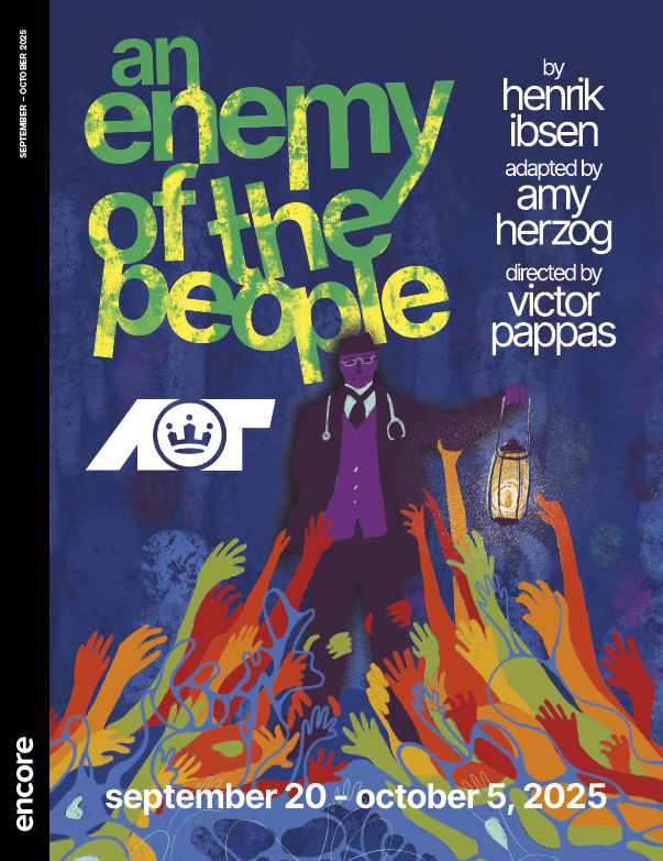 Illustration of a man in purple holding a lantern with hands of many bright colors reaching up to him. | Cover of An Enemy of the People at Union Arts Center