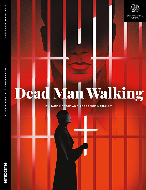 Illustration of a nun holding a white cross in front of prison bars on a red background. | Cover of SF Opera's Dead Man Walking, 2025