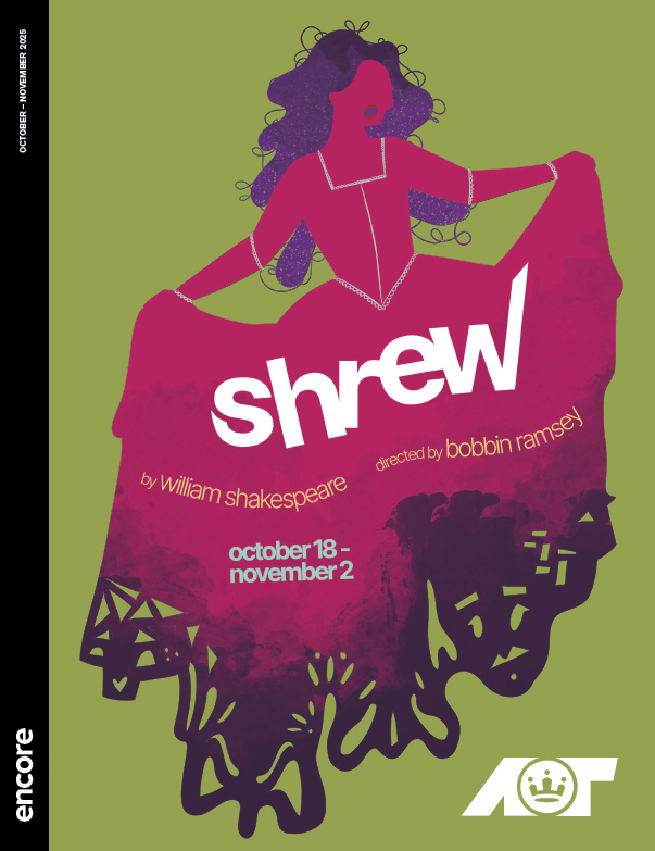Illustration of a woman in magenta and purple silhouette on an olive green background. | Cover of Shrew at Union Arts Center, October 2025