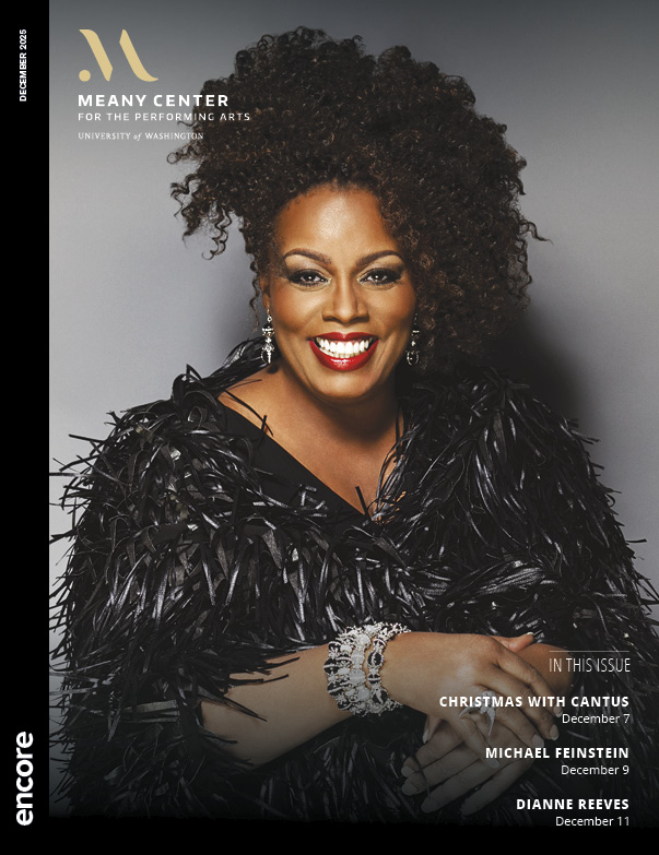 Dianne Reeves in a black feathered dress on a gray background. | Cover of Meany Center for the Performing Arts, December 2025