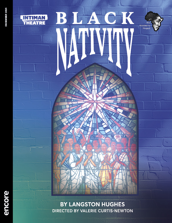 A faded stained glass window overlays a blue-green brick wall. | Cover of Black Nativity at Intiman Theatre, December 2025