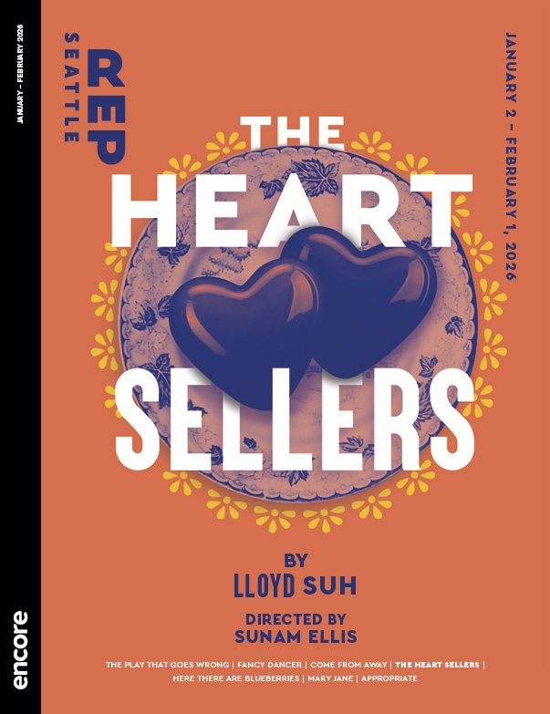 Two large purple candy hearts on a purple plate, on a salmon orange background with title overlaid on the image. | Cover of The Heart Sellers at Seattle Rep, January 2026
