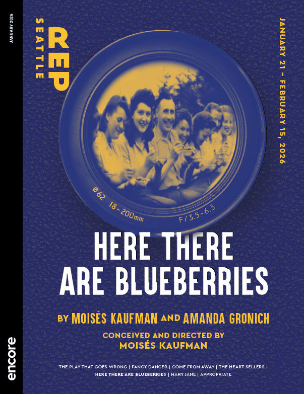 Photograph of a commemorative plate on a dark blue background. | Cover of Here There Are Blueberries at Seattle Rep, January 2026