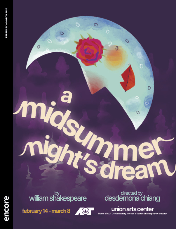 A blue-tinted downward-facing crescent moon (with a nose) on a purple backdrop. | Cover of A Midsummer Night’s Dream at Union Arts Center, 2026