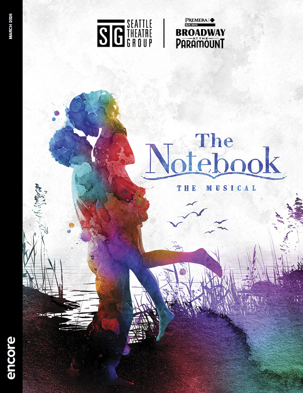 Watercolor painting of a man holding up a woman for a kiss. | Cover of The Notebook, Broadway at the Paramount, March 2026