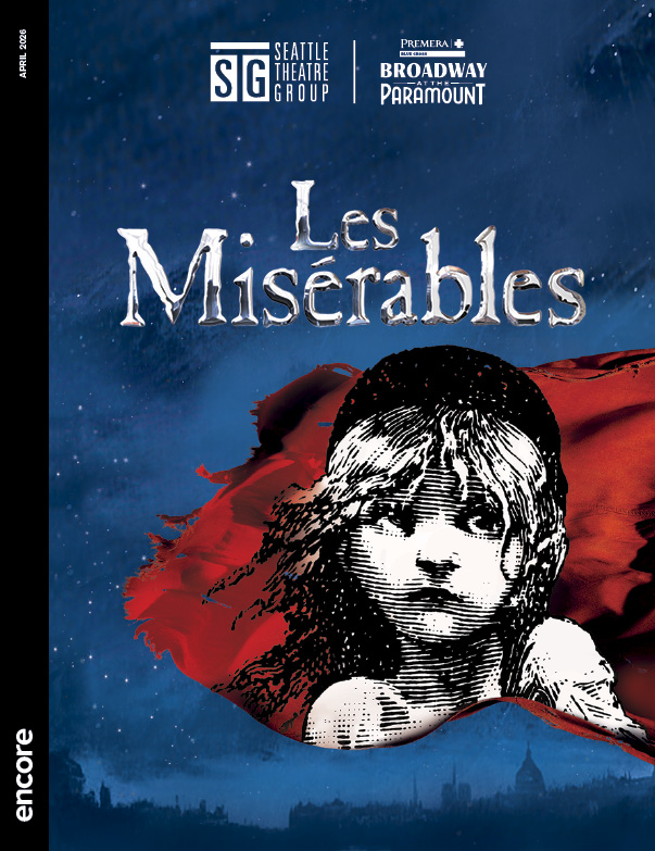Black and white drawing of a small girl in front of a red flag, on a dark blue background. | Cover of Les Misérables for Broadway at the Paramount, April 2026