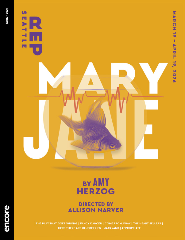 On a yellow-orange background, a purple fish sits in a fishbowl, overlaying text in white reading MARY JANE. | Cover of Mary Jane at Seattle Rep, March 2026
